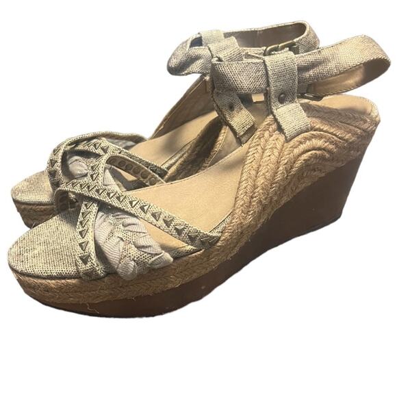 Y2K Calvin Klein Studded Wedge Raffia Edgy Canvas Sandals Size 11 Grunge - Picture 3 of 10